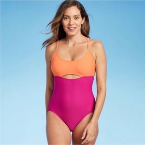 Kona Sol Orange and Pink Cutout Swimsuit NWT